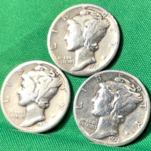 Lot Of (3) Silver Mercury Dimes 1936,/ 1937/1938 90%#205923205496 - Picture 2 of 4
